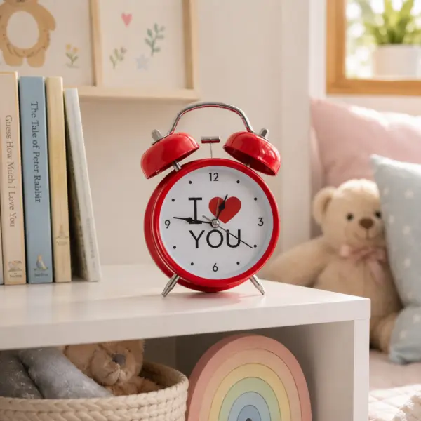 Roter Retro-Wecker „I Love You“ – analoger Doppelglocken-Wecker, Geschenkidee, Deko-Wecker, 16 cm