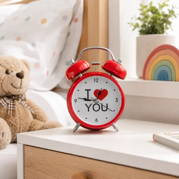 Roter Retro-Wecker „I Love You“ – analoger Doppelglocken-Wecker, Geschenkidee, Deko-Wecker, 16 cm