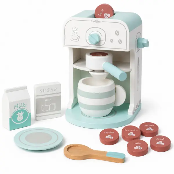 Holz-Kaffeemaschine für Kinder mit Zubehör – Rollenspiel-Set in Mint/Weiß