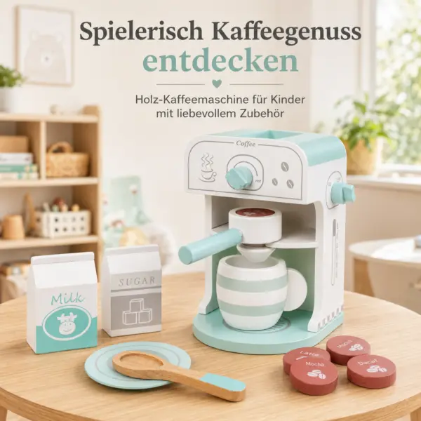 Holz-Kaffeemaschine für Kinder mit Zubehör – Rollenspiel-Set in Mint/Weiß