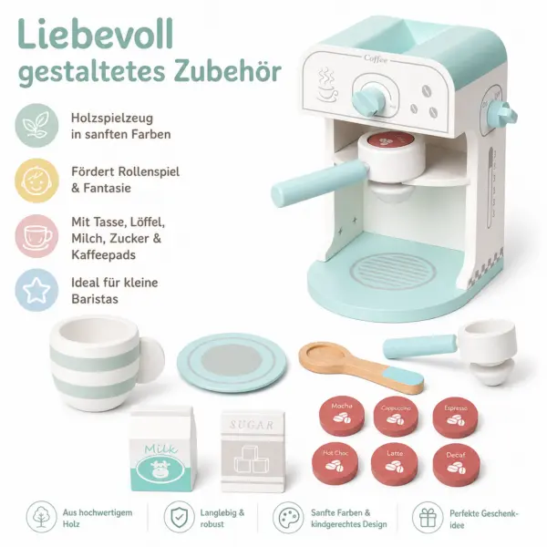 Holz-Kaffeemaschine für Kinder mit Zubehör – Rollenspiel-Set in Mint/Weiß