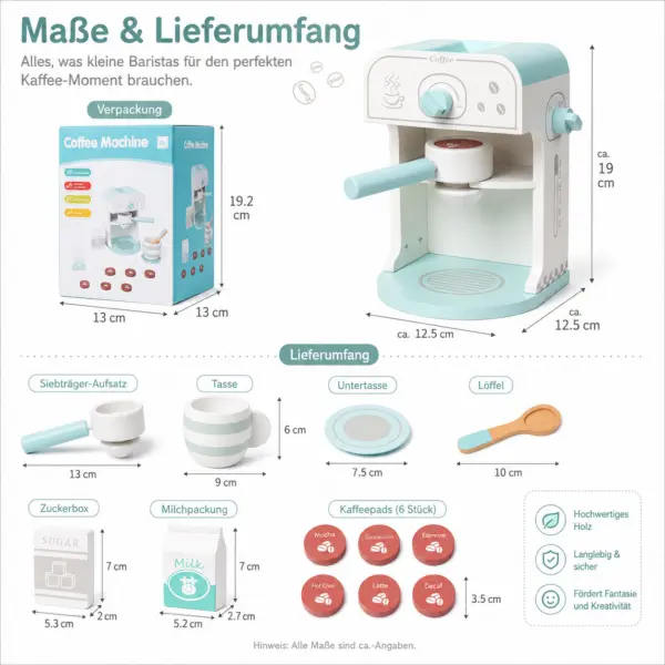 Holz-Kaffeemaschine für Kinder mit Zubehör – Rollenspiel-Set in Mint/Weiß