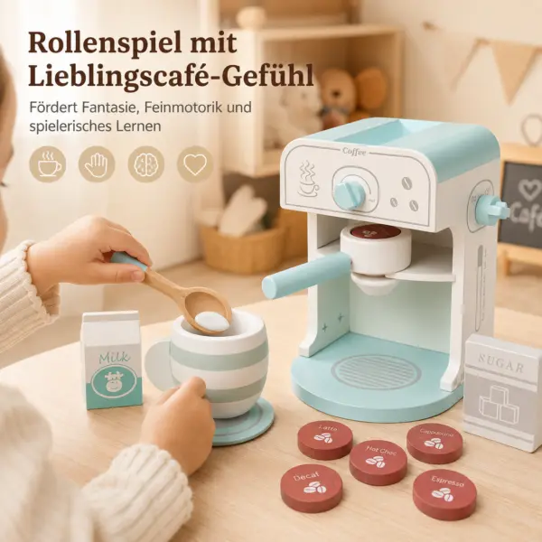 Holz-Kaffeemaschine für Kinder mit Zubehör – Rollenspiel-Set in Mint/Weiß