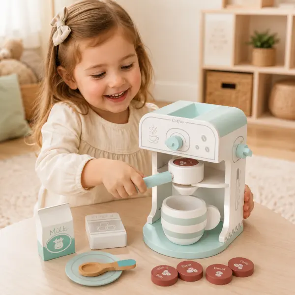 Holz-Kaffeemaschine für Kinder mit Zubehör – Rollenspiel-Set in Mint/Weiß