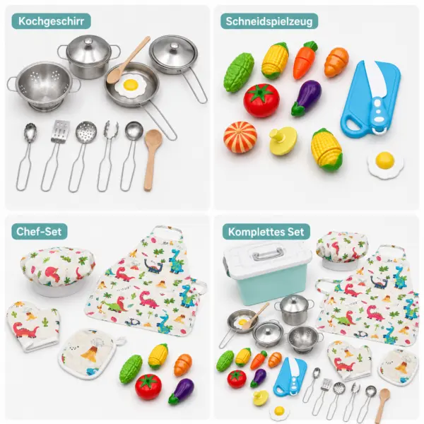 Kinder-Küchenset mit Kochzubehör & Aufbewahrungsbox – umfangreiches Rollenspiel-Set mit Töpfen, Pfanne, Spielgemüse & Kochkleidung