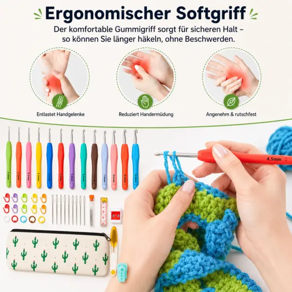 Häkelnadel-Set 13 Größen 2–10 mm mit ergonomischem Softgriff, Zubehör & Kaktus-Aufbewahrungstasche – Häkelset für Anfänger & Profis