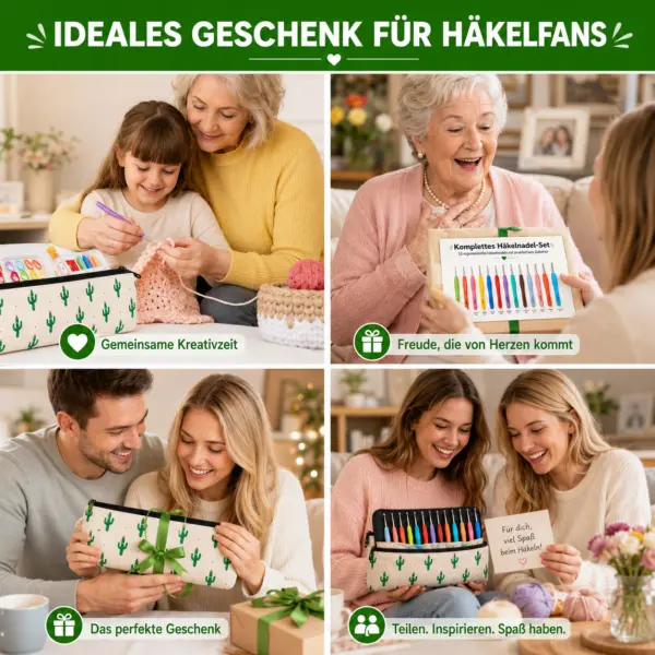 Häkelnadel-Set 13 Größen 2–10 mm mit ergonomischem Softgriff, Zubehör & Kaktus-Aufbewahrungstasche – Häkelset für Anfänger & Profis
