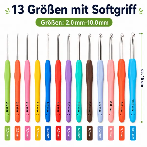 Häkelnadel-Set 13 Größen 2–10 mm mit ergonomischem Softgriff, Zubehör & Kaktus-Aufbewahrungstasche – Häkelset für Anfänger & Profis