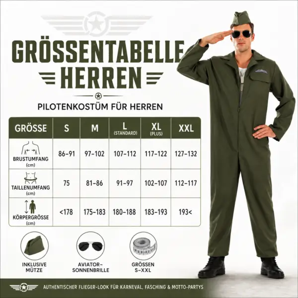 Kampfpilot Kostüm für Herren – Größe L – Fliegeranzug mit Mütze & Sonnenbrille