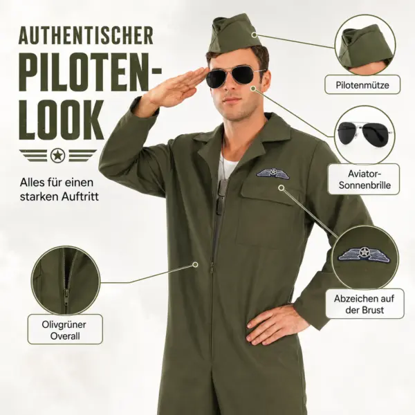 Kampfpilot Kostüm für Herren – Größe L – Fliegeranzug mit Mütze & Sonnenbrille