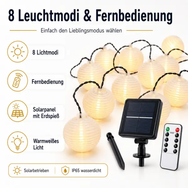 Solar Lichterkette 30 LED Lampions warmweiß