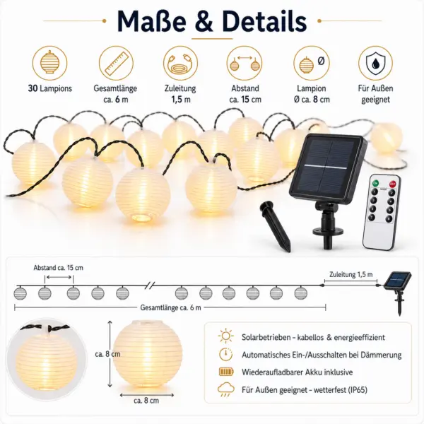 Solar Lichterkette 30 LED Lampions warmweiß