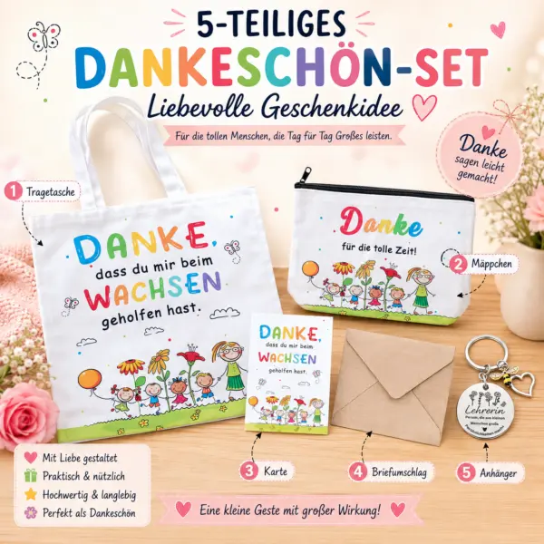 5-teiliges Geschenkset für Lehrer-in & Erzieher-in – Tragetasche 40 × 38 cm, Mäppchen 24 × 18 cm, Karte, Umschlag & Schlüsselanhänger