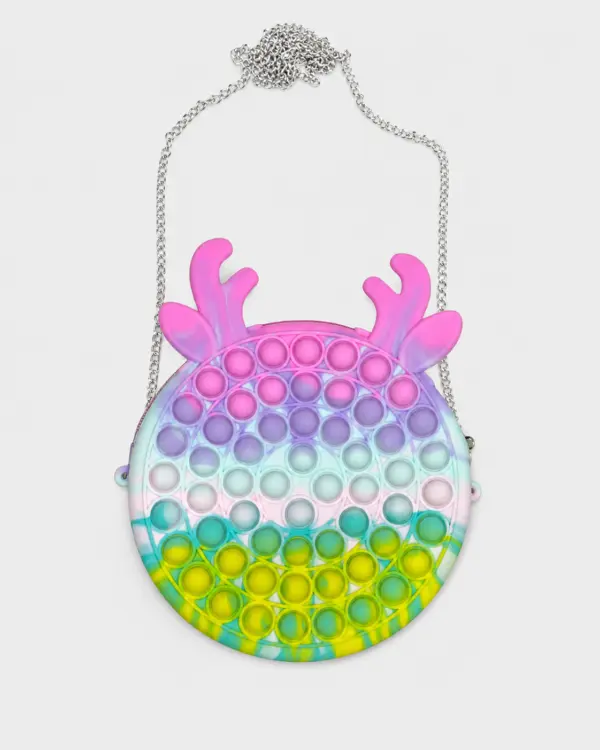 Pop-it Kindertasche im Rentier-Design – bunte Kinder-Umhängetasche mit Fidget-Blasen, Reißverschluss und silberfarbener Kette