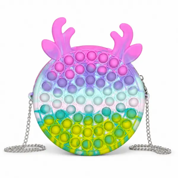 Pop-it Kindertasche im Rentier-Design – bunte Kinder-Umhängetasche mit Fidget-Blasen, Reißverschluss und silberfarbener Kette