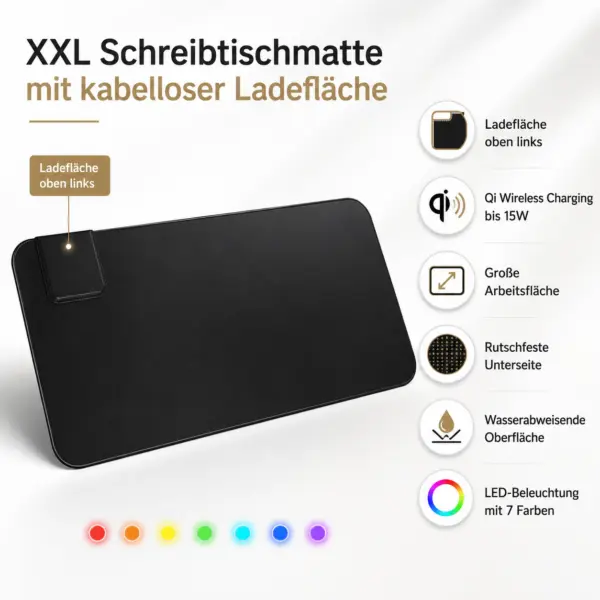 XXL RGB Gaming-Mauspad mit 15 W Qi Wireless Charging – ca. 80 cm Schreibtischunterlage mit LED-Beleuchtung und Ladestation