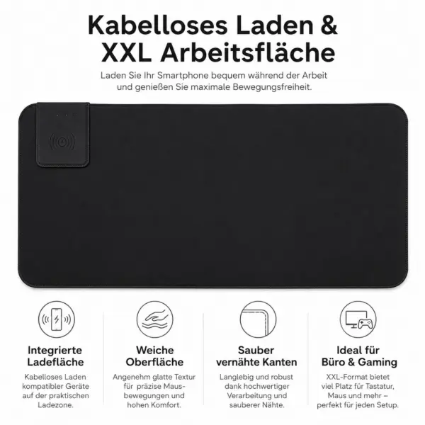 XXL RGB Gaming-Mauspad mit 15 W Qi Wireless Charging – ca. 80 cm Schreibtischunterlage mit LED-Beleuchtung und Ladestation