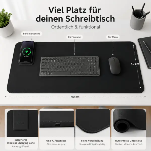 XXL RGB Gaming-Mauspad mit 15 W Qi Wireless Charging – ca. 80 cm Schreibtischunterlage mit LED-Beleuchtung und Ladestation