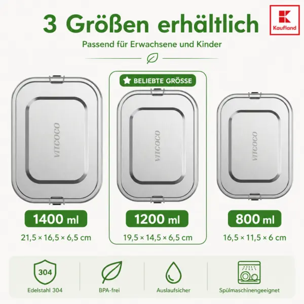 VITCOCO Lunchbox Edelstahl 1400 ml – auslaufsichere Bento Box mit Trennwand, Brotdose für Kinder & Erwachsene
