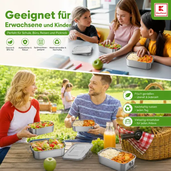 VITCOCO Lunchbox Edelstahl 1400 ml – auslaufsichere Bento Box mit Trennwand, Brotdose für Kinder & Erwachsene