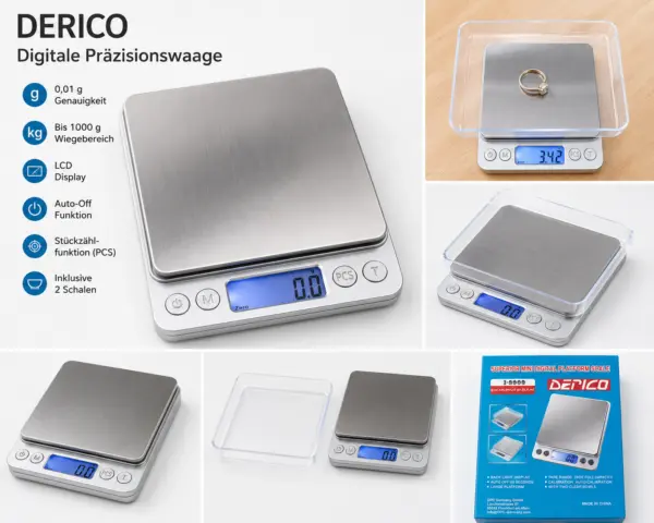 DERICO Digitale Küchenwaage bis 2 kg – Feinwaage mit Edelstahl-Plattform & 2 transparenten Schalen