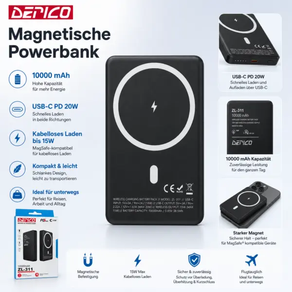 Magnetische Powerbank mit kabellosem Laden 10000 mAh  bis 15 W und USB-C PD Schnellladefunktion bis 20 W