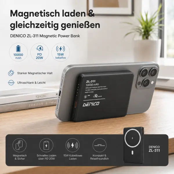 Magnetische Powerbank mit kabellosem Laden 10000 mAh  bis 15 W und USB-C PD Schnellladefunktion bis 20 W