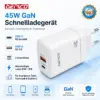Derico 45W GaN - Schnellladegerät -  USB-C PD & USB-A QC 3.0 – 2-Port Netzteil mit PPS, EU-Stecker, weiß
