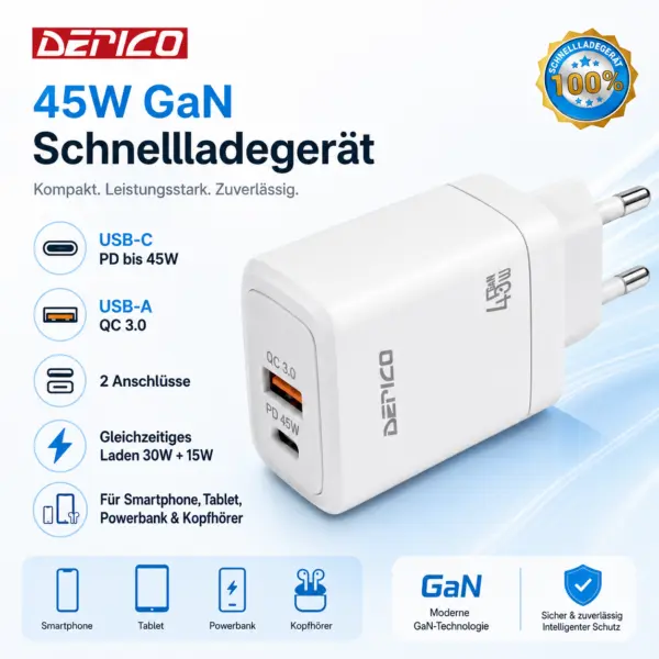 Derico 45W GaN - Schnellladegerät -  USB-C PD & USB-A QC 3.0 – 2-Port Netzteil mit PPS, EU-Stecker, weiß
