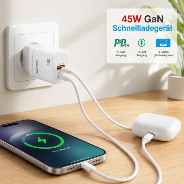 Derico 45W GaN - Schnellladegerät -  USB-C PD & USB-A QC 3.0 – 2-Port Netzteil mit PPS, EU-Stecker, weiß