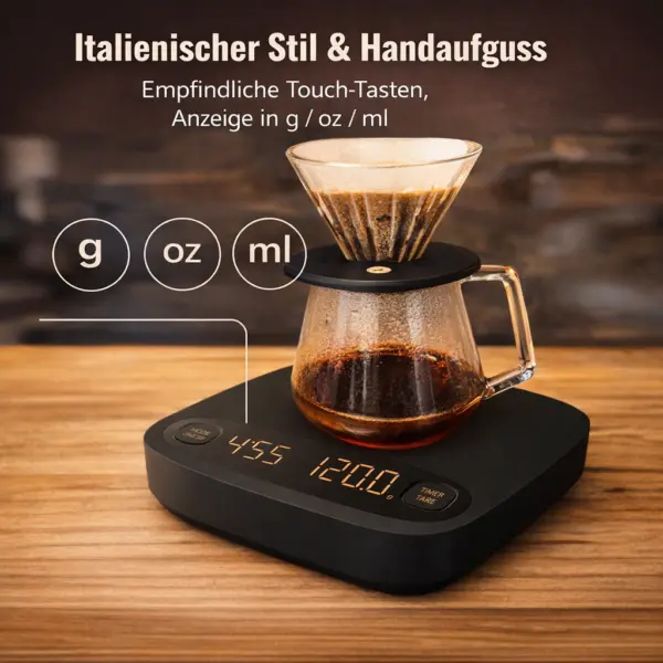 Digitale Kaffeewaage mit Timer – 0,1 g Präzision chwarz Digitale Kaffeewaage mit Timer – 0,1 g Präzision, USB-aufladbar, Tara-Funktion, LED-Display, 0,1–2000 g, schwarz