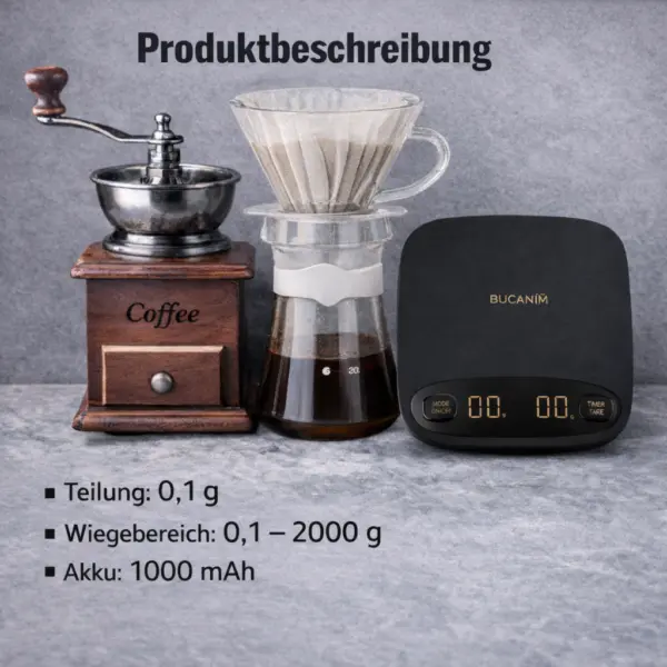 Digitale Kaffeewaage mit Timer Beschreibung Digitale Kaffeewaage mit Timer – 0,1 g Präzision, USB-aufladbar, Tara-Funktion, LED-Display, 0,1–2000 g, schwarz