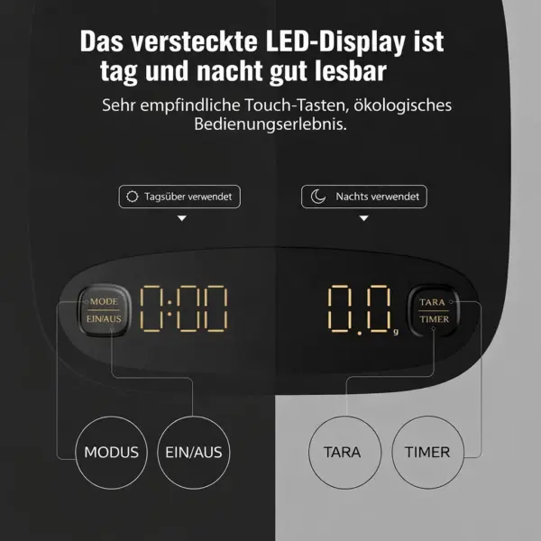 Digitale Kaffeewaage mit Timer bei tag und nacht Digitale Kaffeewaage mit Timer – 0,1 g Präzision, USB-aufladbar, Tara-Funktion, LED-Display, 0,1–2000 g, schwarz