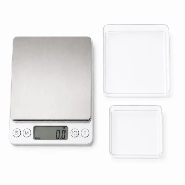 DERICO Digitale Küchenwaage bis 2 kg – Feinwaage mit Edelstahl-Plattform & 2 transparenten Schalen