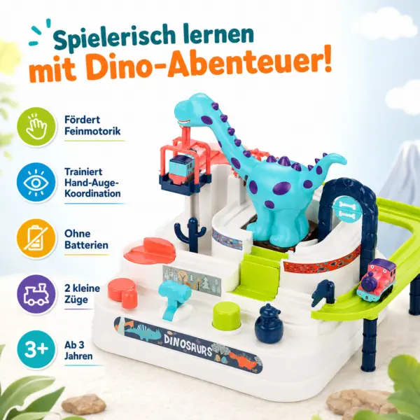 Dinosaurier Abenteuer Spielzeugbahn ab 3 Jahren – Interaktives Dino-Bahn-Spiel mit Zügen, Knöpfen, Hebeln & Aufklebern – Motorikspielzeug