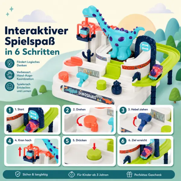 Dinosaurier Abenteuer Spielzeugbahn ab 3 Jahren – Interaktives Dino-Bahn-Spiel mit Zügen, Knöpfen, Hebeln & Aufklebern – Motorikspielzeug