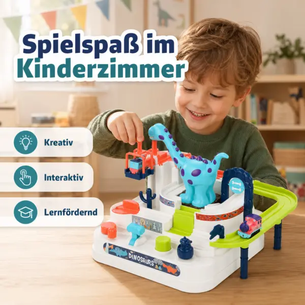 Dinosaurier Abenteuer Spielzeugbahn ab 3 Jahren – Interaktives Dino-Bahn-Spiel mit Zügen, Knöpfen, Hebeln & Aufklebern – Motorikspielzeug