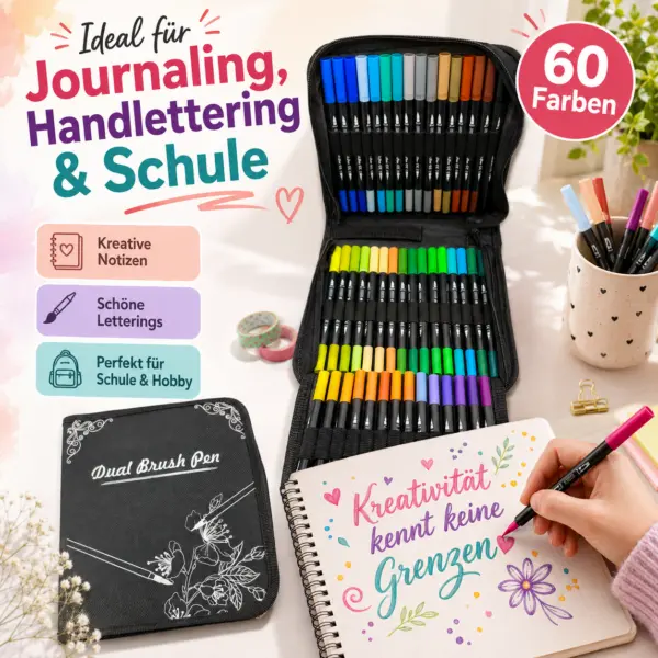 60 Farben Dual Brush Pens – Doppelspitzen-Stifte im praktischen Etui