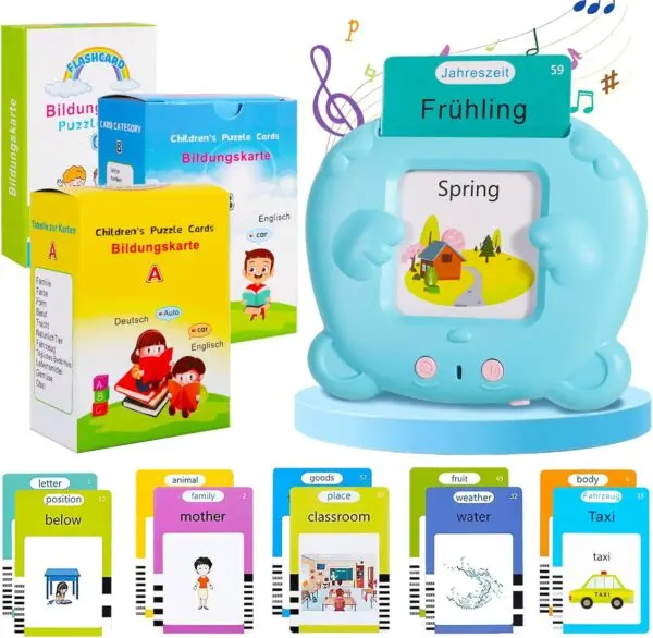 Interaktive Lernkarten Deutsch Englisch für Kinder – 255 Karten mit 510 Wörtern, sprechendes Lernspielzeug, Flashcards mit Kartenlesegerät, USB-aufladbar