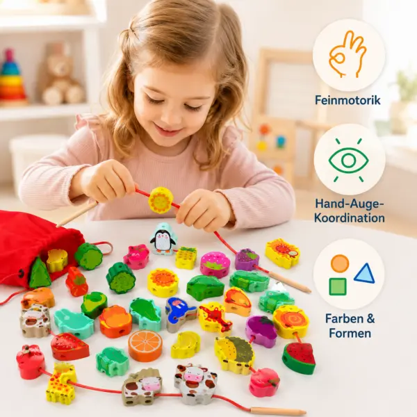 42-teiliges Fädelspiel aus Holz für Kinder – buntes Motorikspiel mit Tieren, Obst & Gemüse, Lernspielzeug mit Schnüren, Stäben & Aufbewahrungsbeutel