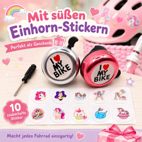2er Fahrradklingel-Set „I Love My Bike“ mit Stickern & Schraubendreher – für Kinder, Jugendliche & Erwachsene