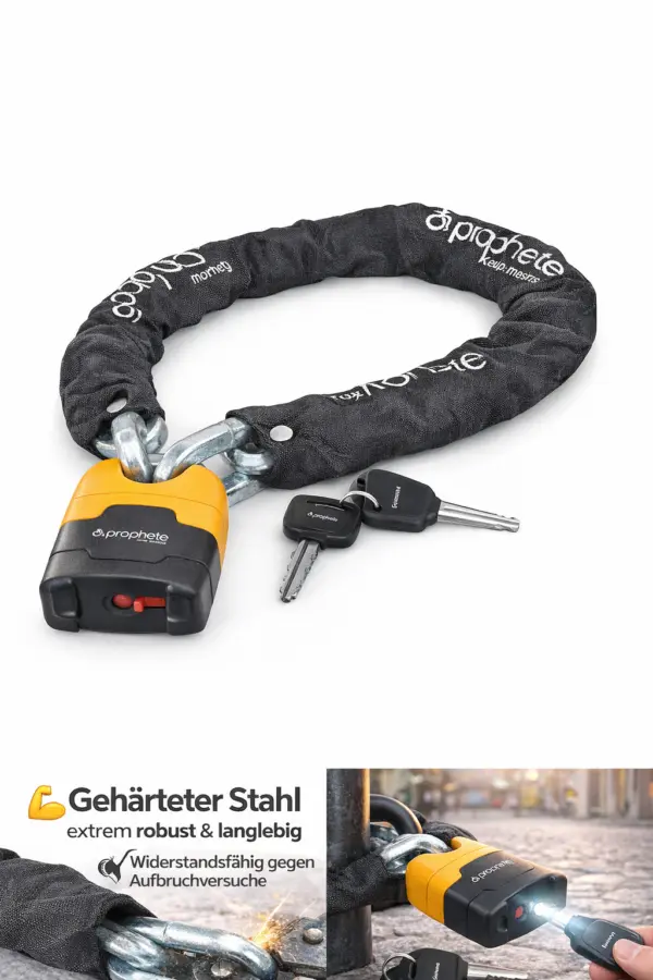 FahrradE-BikeRollerScooterKinderwagen Kettenschloss 90cm Prophete – Sicherheitsstufe 7+ mit LED Schlüssel Fahrrad/E-Bike/Roller/Scooter/Kinderwagen Kettenschloss 90cm Prophete – Sicherheitsstufe 7+ mit LED Schlüssel – Stahl Schloss