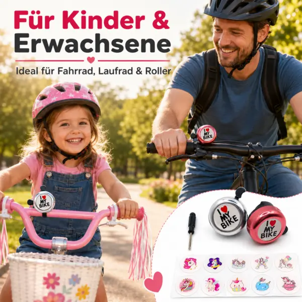 2er Fahrradklingel-Set „I Love My Bike“ mit Stickern & Schraubendreher – für Kinder, Jugendliche & Erwachsene