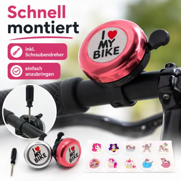 2er Fahrradklingel-Set „I Love My Bike“ mit Stickern & Schraubendreher – für Kinder, Jugendliche & Erwachsene