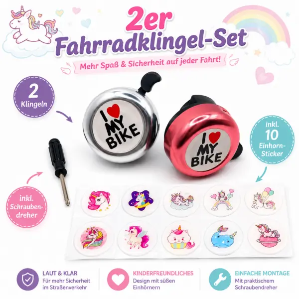 2er Fahrradklingel-Set „I Love My Bike“ mit Stickern & Schraubendreher – für Kinder, Jugendliche & Erwachsene