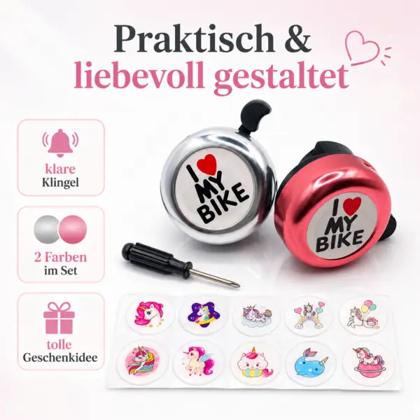 2er Fahrradklingel-Set „I Love My Bike“ mit Stickern & Schraubendreher – für Kinder, Jugendliche & Erwachsene