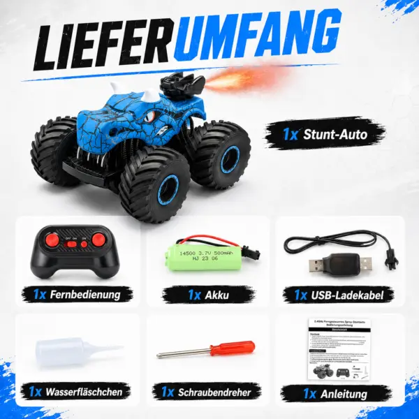 Ferngesteuertes Stunt-Auto mit Sprühfunktion & LED-Licht – 2.4 GHz RC Monstertruck, 360° Drehung, Allrad-Stuntfahrzeug für Kinder ab 6 Jahren