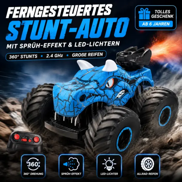 Ferngesteuertes Stunt-Auto mit Sprühfunktion & LED-Licht – 2.4 GHz RC Monstertruck, 360° Drehung, Allrad-Stuntfahrzeug für Kinder ab 6 Jahren