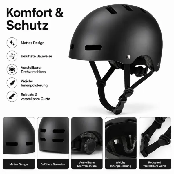 Schutzhelm Größe M – matter Fahrradhelm mit Belüftung, verstellbarem Drehverschluss und gepolstertem Kinnriemen – Fahrrad, E-Scooter und Skateboard
