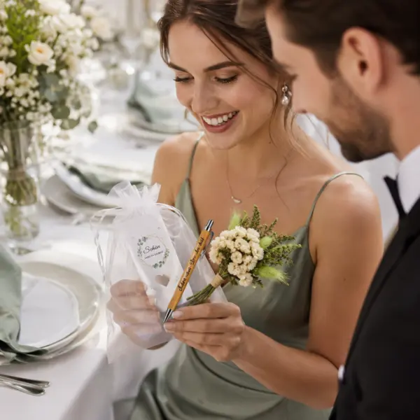 Elegantes Gastgeschenk-Set zur Hochzeit und anderen Fersten– „Schön, dass du da bist“ mit Bambus-Stift, Trockenblumen & Organzabeutel
